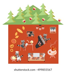 Raccoon's house in the forest. Fairy vector illustration. 