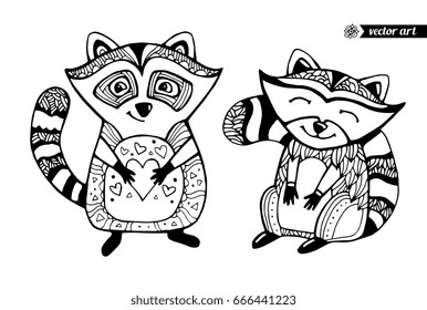 Raccoons isolated, cartoon animal. Funny character. Vector set collection. Black and white. Coloring book pages for kids. Zentangle artwork. Illustration, greeting card, branding, logo label