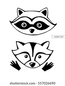 Raccoons isolated. Icons. Vector set collection. Cute cartoon animal. Funny character. Black and white. Illustration, gift greeting card, branding, logo, label, emblem