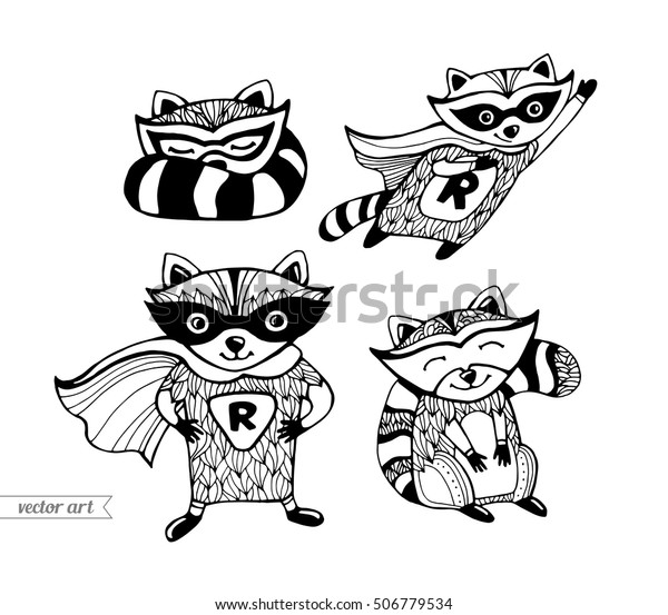 raccoons isolated superhero cartoon animal funny stock