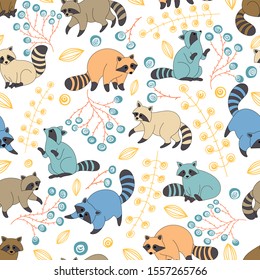 Raccoons are playing.  Vegetable ornament.  Seamless pattern.