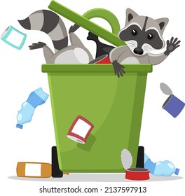 Raccoons Scatter Garbage From A Container On A White Background. The Character