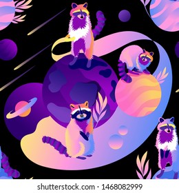 Raccoons in space. Trendy seamless pattern with animals. Acid colors.