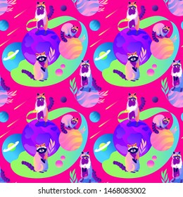 Raccoons in space. Trendy seamless pattern with animals. Acid colors.