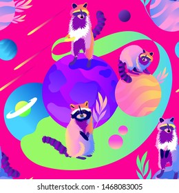 Raccoons in space. Trendy seamless pattern with animals. Acid colors.