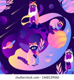 Raccoons in space. Trendy seamless pattern with animals. Acid colors.