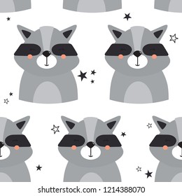 Raccoons, stars, hand drawn backdrop. Colorful seamless pattern with animals. Decorative cute wallpaper, good for printing. Overlapping colored background vector