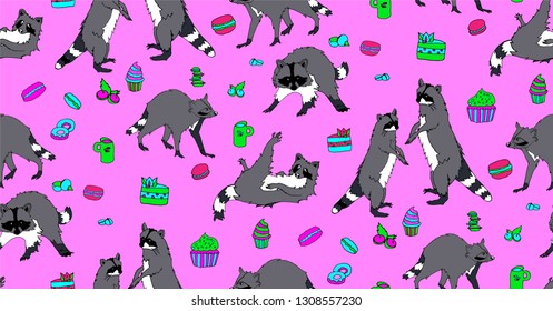 Raccoons and sweets, hand drawn backdrop. Pattern with cute fluffy animals on pink background.