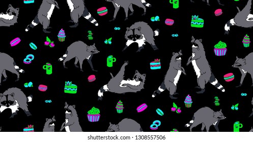 Raccoons and sweets, hand drawn backdrop. Pattern with cute fluffy animals. Background vector.