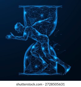 Ein Wettlauf gegen die Zeit. Ein Mann, der vor dem Hintergrund einer Sanduhr läuft, scheint zu versuchen, der Zeit und dem Wunsch, Grenzen zu überwinden, zu entfliehen. Polygonales Design von Linien und Punkten, blauer Hintergrund.