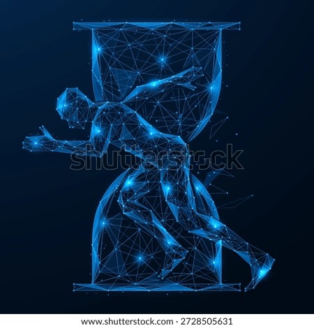 A race against time. A man running against the background of an hourglass seems to be trying to outrun time and the desire to overcome boundaries. Polygonal design of lines and dots, blue background.