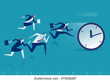 Race against time. Managers chasing pocket watch. Business vector illustration