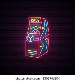 Race Arcade Game machine neon sign. Advertising design. Arcade Race machine emblem. Night light signboard. Vector illustration. 