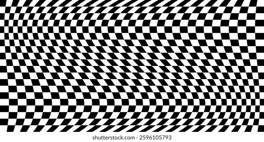 Race background. Abstract checks seamless vector pattern. Checkered background with distortion effect. Abstract black and white background, distorted checkered pattern. Chessboard surface.