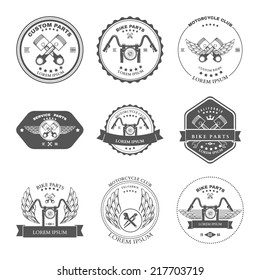 Race Bikers Garage Repair Service Emblems and Motorcycling Clubs Tournament Labels Collection isolated. Vector