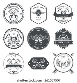 Race Bikers Garage Repair Service Emblems and Motorcycling Clubs Tournament Labels Collection isolated. Vector illustration