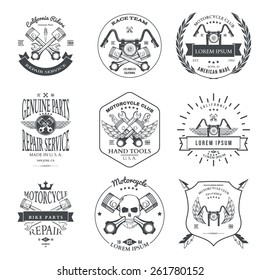 Race Bikers Garage Repair Service Emblems and Motorcycling Clubs Tournament Labels Collection isolated. Vector illustration