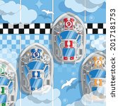 Race boats at the finish line. View from above. Vector illustration.