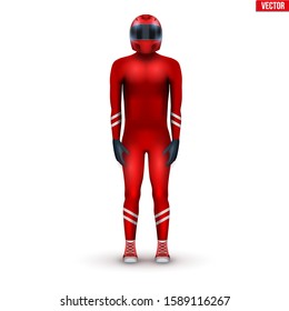 Race body suit with helmet and gloves. Rider in red bodysuit for race sports. Vector Illustration isolated on white background.