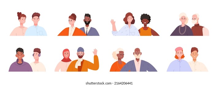 Race Boyfriends. Heterosexual And Homosexual Partners, Couples Gay Or Conversation Friends, Old Man Adult Woman Senior Pairs, Vector Illustration. Couple People Togetherness, Homosexual Relationship