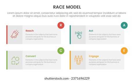 race business model marketing framework infographic with long rectangle box symmetric with 4 points slide presentation