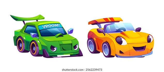 Race car cartoon characters for kids - energetic green racing vehicle with spoiler and determined expression and cheerful yellow sports automobile with smiling face. Elements for child games or books.