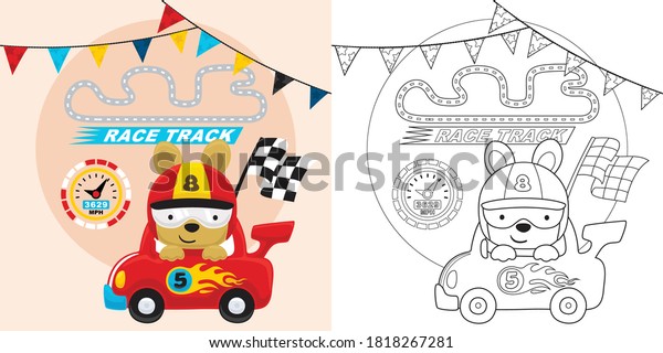 race car cartoon with funny racer carrying finish
flag, coloring book or
page