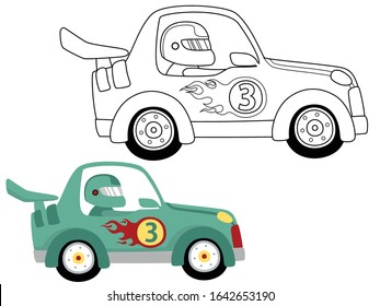 Race car cartoon illustration, coloring book or page