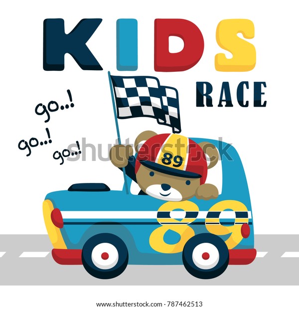 Race car cartoon\
vector with funny driver 