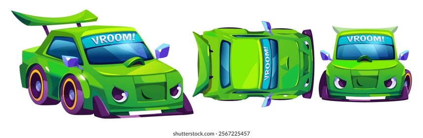 Race car character front, top and side views - energetic green vehicle. Sporty automobile with expressive eyes, spoiler and Vroom text on windshield for child games or educational design projects.