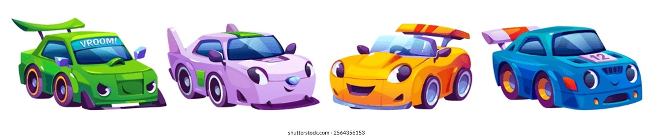 Race car characters set isolated on white background. Vector cartoon illustration of cute color vehicles with emotions on face, transport for speed race rally, smiling and angry sportcars collection