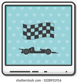 Race car with chequered flag flat vector icon.