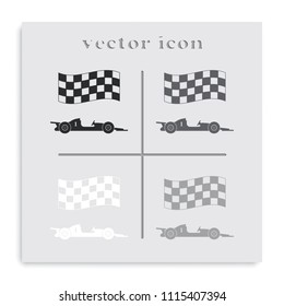 Race car with chequered flag flat black and white vector icon.