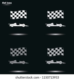 Race car with chequered flag flat grayscale vector icon.