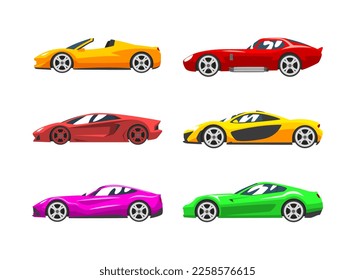 Race Car Colorful Model for Road Speed Competition Side View Vector Set