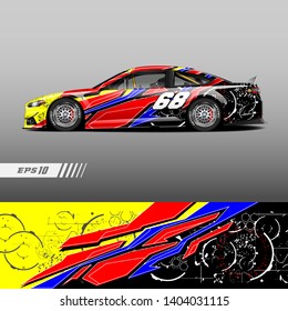Race car decal wrap design vector. Graphic abstract stripe racing background kit designs for vehicle, race car, rally, adventure and livery