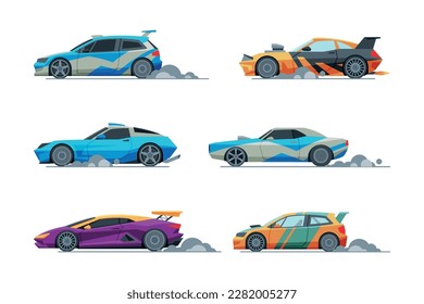 Race Car Driving with High Speed Along Racetrack Vector Set