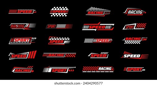 Race car flag. Formula speed sport icon. Stripe decal pattern for auto rally. Bike racing check badge. Transport motor. Red ribbon border. Checkered automobile decoration. Vector design tidy signs set