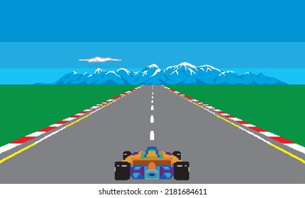 arcade retro pixelado de fórmula de autos de carreras. fondo de montaña de píxeles