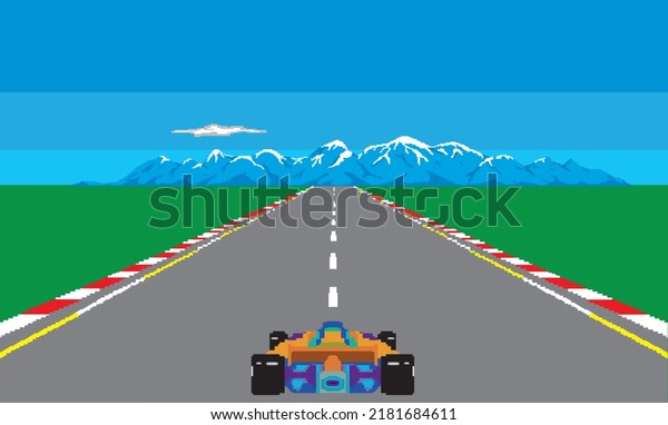 race car formula pixelated retro arcade. pixel\
mountain background