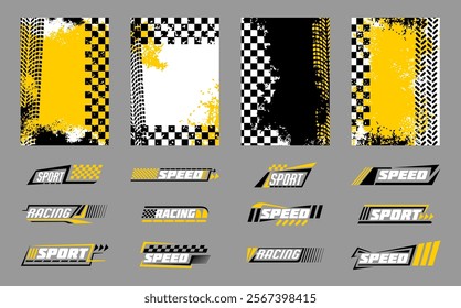 Race car. Formula speed sport. Stripe decal pattern. Auto rally. Bike racing check badge. Road checker frame. Tyre drift. Street dirt. Checkered automobile decoration. Grunge yellow banners vector set