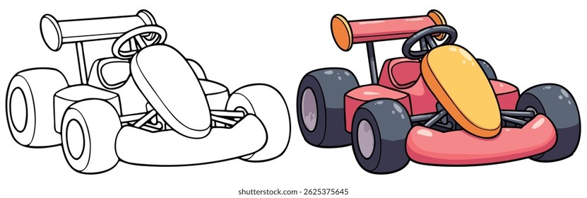 Race car Go-kart Isolated Line Art Vector Outline Illustration Black and White with Coloring Sample
