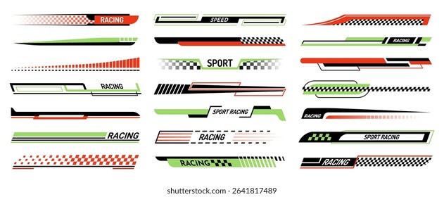 Race car lines. Racing stripe decals, green and red speed line stripes, checkered patterns, typography for sport vehicle and boat tuning, borders for motorsport bike. Isolated vector stickers set.