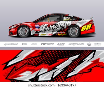 Race car livery design vector. Graphic abstract stripe racing background designs for wrap cargo van, race car, pickup truck and adventure. Full vector Eps 10.