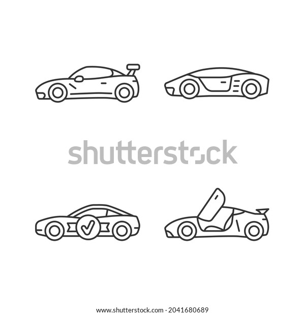 Race car models linear icons set. Customized\
vehicle. World-class auto. Unique door design. Customizable thin\
line contour symbols. Isolated vector outline illustrations.\
Editable stroke