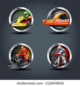 Race Car And Motorbike Set, Steely Rounded Badge Icon. For Ui/Game.