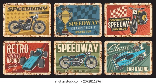 Race Car, Motorcycle And Kart With Finish Flag Vintage Banners Of Vector Racing Sport, Rally And Motorsport. Auto Racing Retro Vehicles, Automobiles And Bikes And Championship Trophy Cups Retro Signs