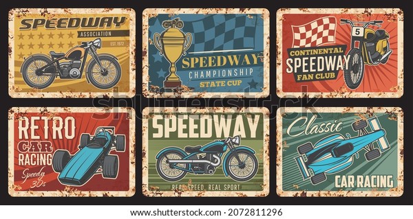 Race car, motorcycle and kart with finish flag\
vintage banners of vector racing sport, rally and motorsport. Auto\
racing retro vehicles, automobiles and bikes and championship\
trophy cups retro signs