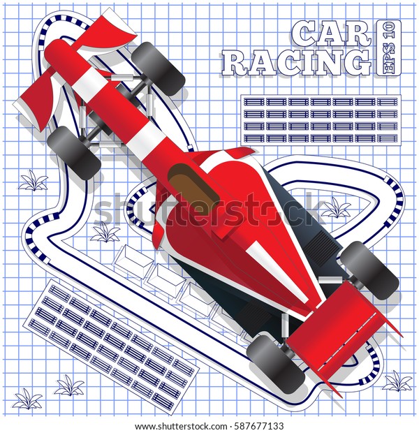 Race car on the background track. View from
above. Vector
illustration.