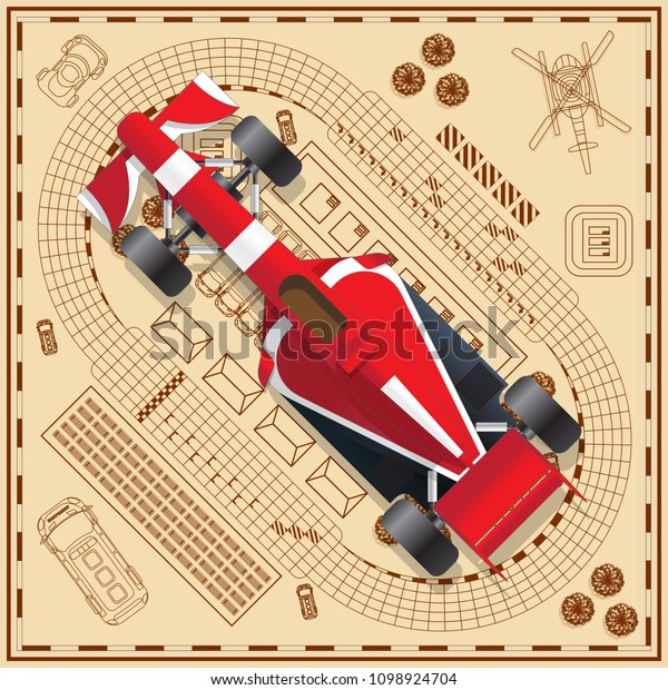 Race car on the background tracks. View\
from above. Vector\
illustration.